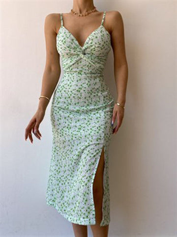 Woochic mi-longue robe moulante à fines brides fendu le côté v-cou sans manches doux plage Vert clair S